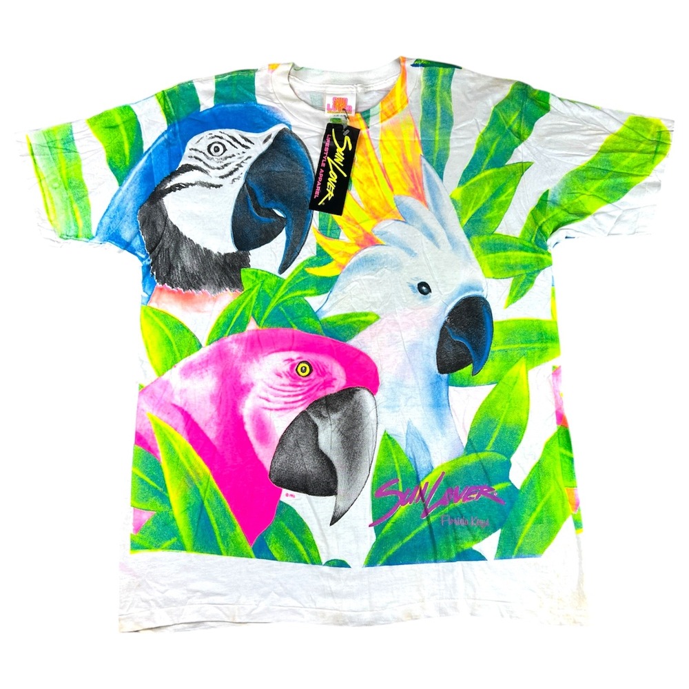 Vintage 90s Sun Lover T shirt‎ Men's XL Tropical Parrot All Over Print Bright